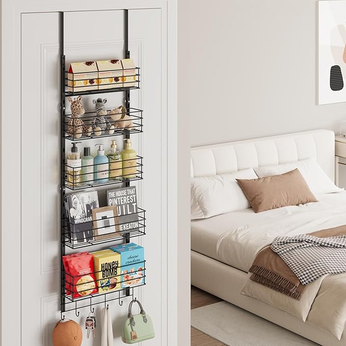 SWTYMIKI Over The Door Organizer - Door Organizer Hanging with 5 Adjustable Metal Large Capacity Basket and 6 Coat Hook, Wall Mounted Shelf for Bedroom Closet Bathroom Laundry Pantry Cabinet Kitchen