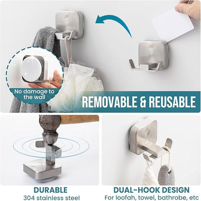 TAILI Patented Strong Suction Cup Hook, 304 Stainless Steel Bathroom Suction Cup Holder for Towel, Loofah, Bathrobe, Damage-Free Hanging Shower Wall Hook, Double-Hook Widening Design, 2 Pack, Silver