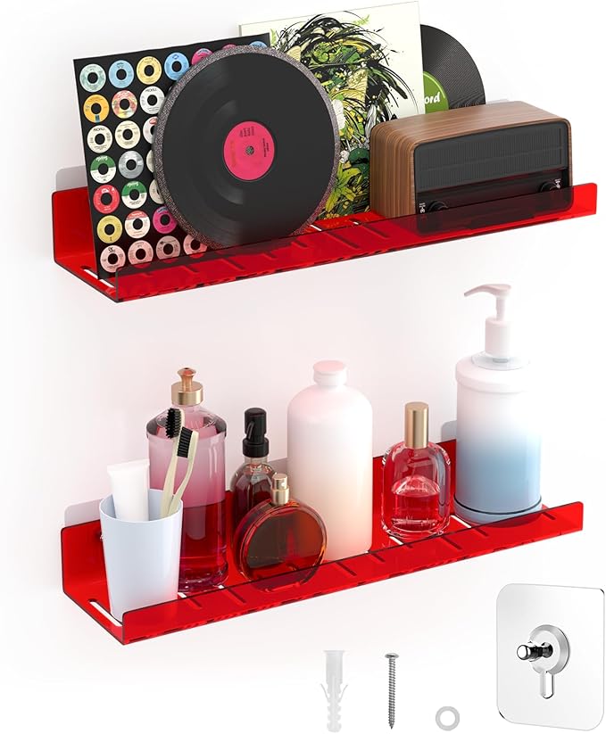 2 Pack Floating Shelves–15'' Red Acrylic/PET Wall-Mounted No Drill Storage with Adhesive, Bathroom & Bedroom Shelving for Kitchen, Living Room, Home Decor