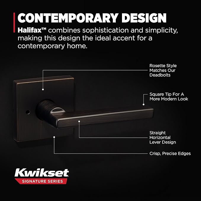 Kwikset Halifax Interior Privacy Door Handle with Lock, Door Lever For Bathroom and Bedroom, Venetian Bronze Reversible Keyless Push Button Lock Door Lever, with Microban Protection, Square Rose