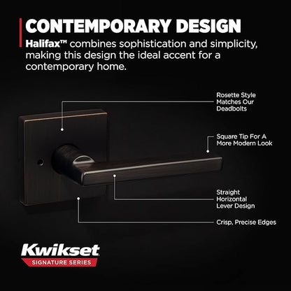 Kwikset Halifax Interior Privacy Door Handle with Lock, Door Lever For Bathroom and Bedroom, Venetian Bronze Reversible Keyless Push Button Lock Door Lever, with Microban Protection, Square Rose