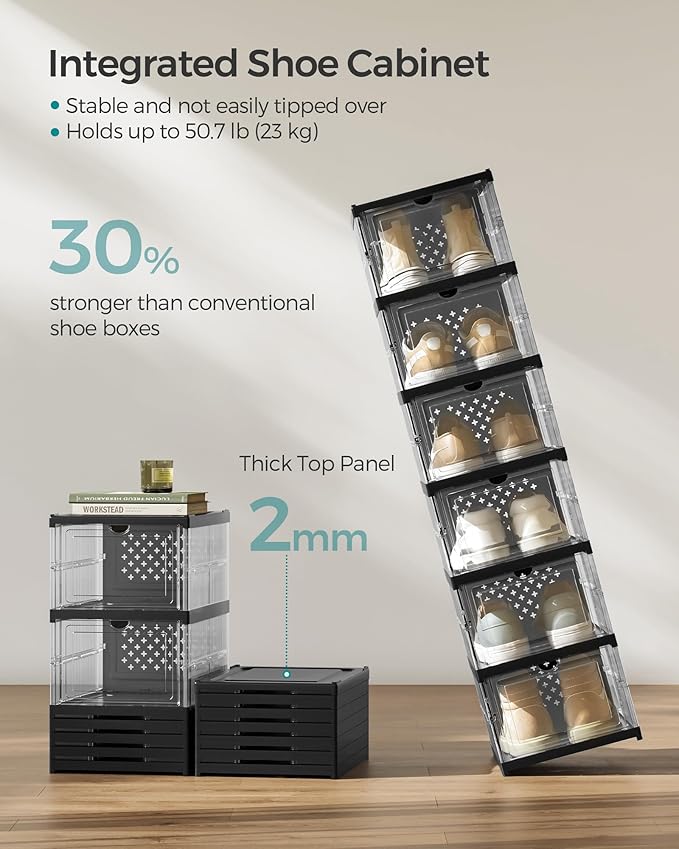 SONGMICS Foldable Shoe Boxes, Pack of 18 Stackable Shoe Storage Organizer, Set of 3 Integraed Shoe Cabinets, Portable, Fit up to US size 13, 60s Assembly, Transparent and Ink Black ULSP207B01