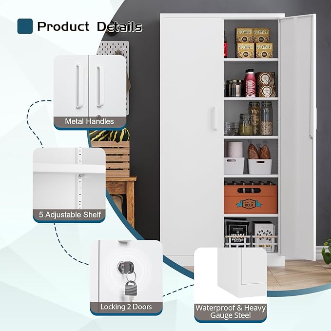 MIIIKO Metal Storage Cabinet with Lock, 71” Steel Storage Cabinet with 2 Doors and 5 Adjustable Shelves, for Office, School.