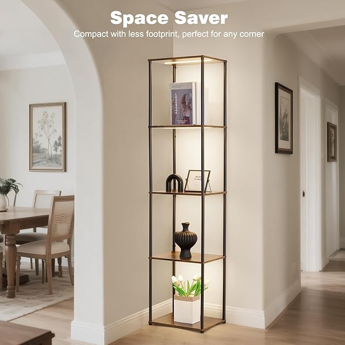 Tall Display Shelf with Lights, Dimmable LED Display Cases for Collectibles, Curio Cabinet with Adjustable Color Temperature, 5-Tier Corner Bookshef with Light, Floor Lamp with Shelves for Living room