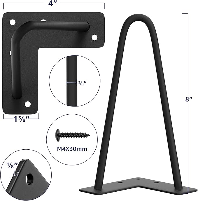SMARTSTANDARD 8 Inch Heavy Duty Hairpin Furniture Legs, Metal Home DIY Projects for TV Stand, Sofa, Cabinet, etc with Rubber Floor Protectors Black 4PCS