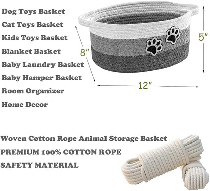 Small Woven Cotton Rope Nursery Organizer Bins, Dog Toy Basket Bins with Handle, Cute Empty Baby Gift Storage Baskets with Paw