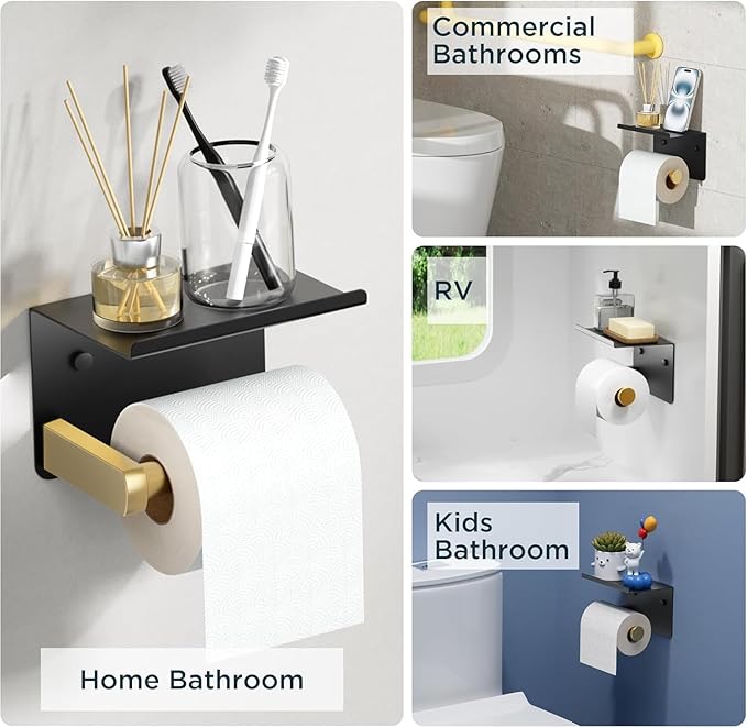 Toilet Paper Holder with Shelf, Adhesive or Screw Wall Mount Toilet Paper Roll Holder for Bathroom, Rustproof 304 Toilet Roll Tissue Holder Dispenser with Phone Shelf (1, Matte Black & Brushed Gold)