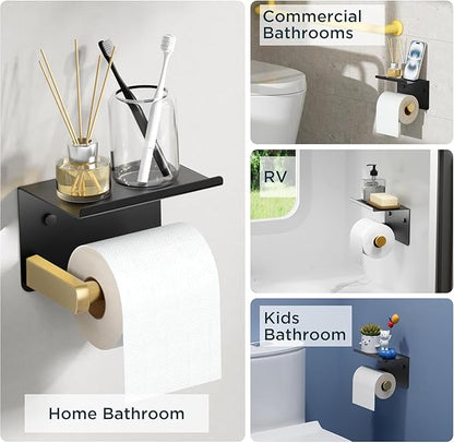 Toilet Paper Holder with Shelf, Adhesive or Screw Wall Mount Toilet Paper Roll Holder for Bathroom, Rustproof 304 Toilet Roll Tissue Holder Dispenser with Phone Shelf (1, Matte Black & Brushed Gold)