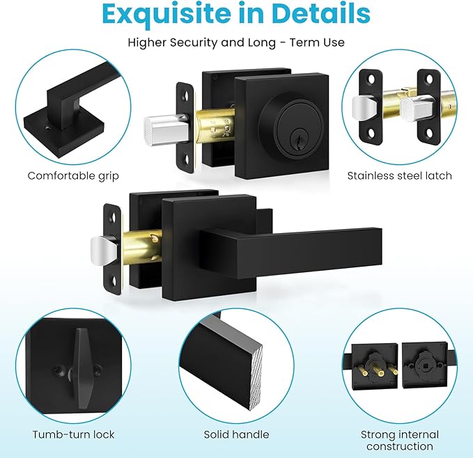 Estmoon Exterior Door Lock Sets, Matte Black Passage Door Handle and Single Cylinder Deadbolt Lock Combo, Modern Square Door Knob with Deadbolt, Keyed Alike Door Lock Sets for Front Door, 2 Pack