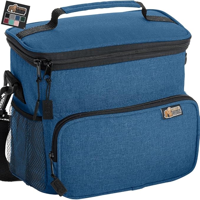 GORILLA GRIP Insulated Lunch Box Bag, Large Capacity, Leakproof Reusable Soft Cooler Bags, Mesh Pockets and Adjustable Strap, Food Tote for Work Camping School, Keep Drinks Cold, 8L, 10x9, Navy Blue