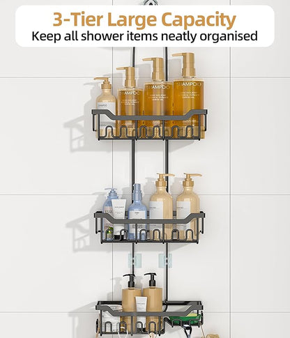 Adjustable Shower Caddy Hanging, Extended Length Organizer Over Shower Head, 3 Tier Long Neck Shower Rack with Soap Holder for Large Storage, Black