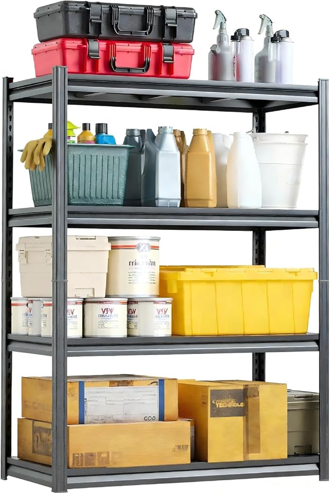 40" W Heavy Duty 4-Tier Adjustable Black Metal Garage Shelving Unit – Ideal for Garage, Basement, Pantry & Warehouse, Storage Shelves, 2400LBS, 16" D x 63" H, Black