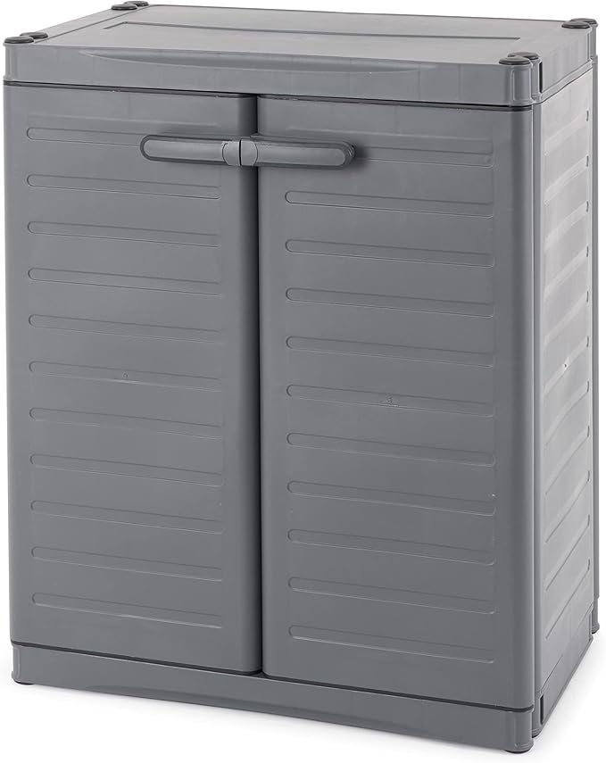 Gracious Living 2-Shelf Base Cabinet, MaxIt Lockable Utility Storage with Adjustable Shelves for Garage, Basement, Workshop, Grey - Small