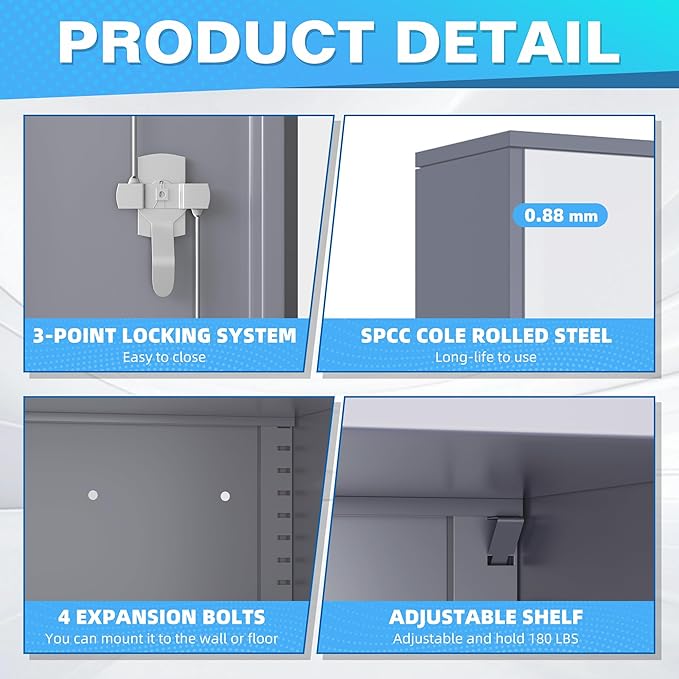 Bonusall Mental Garage Cabinets with 2 Door and 4 Shelves, Locking Cabinet with for Tool，Tall Garage Storage Cabinets for Home Office, Warehouse，School(White Grey)