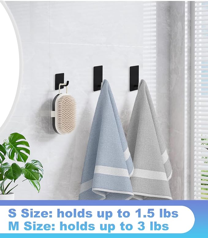 5 Pcs Towel Hooks with Removable Strips for Hanging，Adhesive Wall Hooks Heavy Duty，Outdoor Hooks No Damage，Sticky Hooks for Bathrooms，Shower，Stockings，Decor，Robe，Medium，Black 304 Stainless Steel