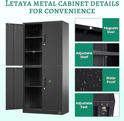 Letaya Metal Storage Cabinet with Lock Door, Adjustable Shelf Steel Cabinets for Office, Home,Pantry,Kitchen,Garage Utility Cabinet (4 Door-Black)