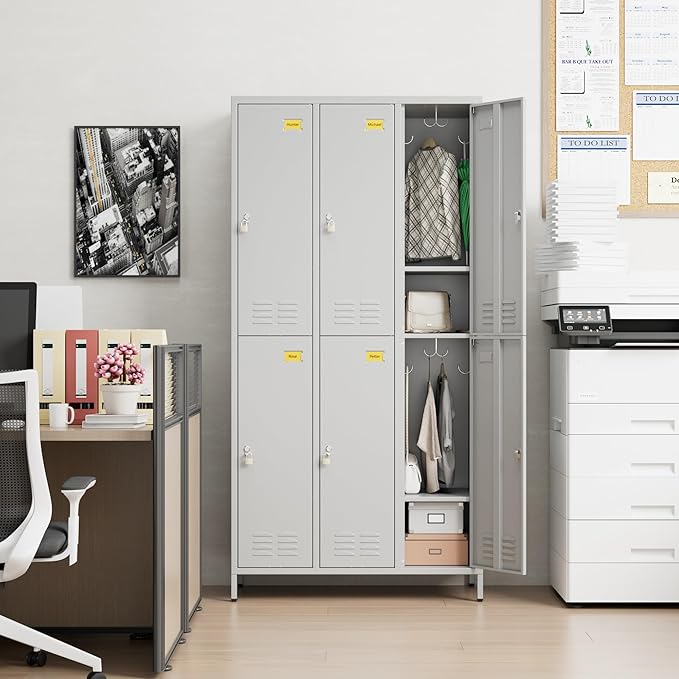 Aobabo Metal Locker for Employees, 6 Doors Metal Locker Cabinet with Lock, Industrial Storage with 18 Hooks, Storage for Office, Gym, Dormitory, Assembly Required, Light Grey