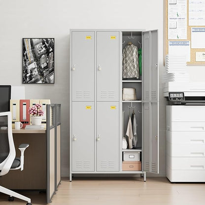 Aobabo Metal Locker for Employees, 6 Doors Metal Locker Cabinet with Lock, Industrial Storage with 18 Hooks, Storage for Office, Gym, Dormitory, Assembly Required, Light Grey