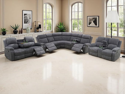 Reclining Sofa Couches, Living Room Furniture Sets, Dark Grey Corduroy Recliner Sectional Sofa Set with Drop-Down Table, with 5 Recliner Seats, Cup Holder,Storage Console for Living Room