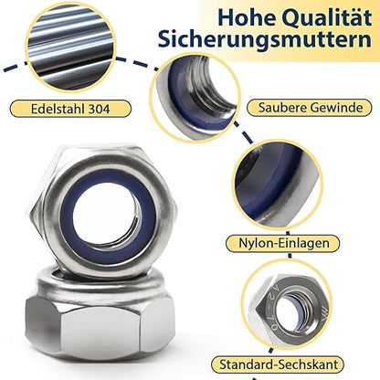 90 Pack M8-1.25mm Nylon Insert Locknuts,304 Stainless Steel A2-70 Lock Nuts,Standard Metric Thread Nylock Nuts for Bolts