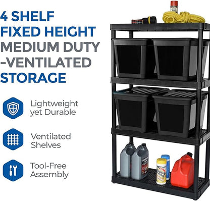 Gracious Living 4 Shelf Fixed Height Ventilated Medium Duty Shelving Unit, Organizer System with 10-Gallon Storage Bins & Lids, Black