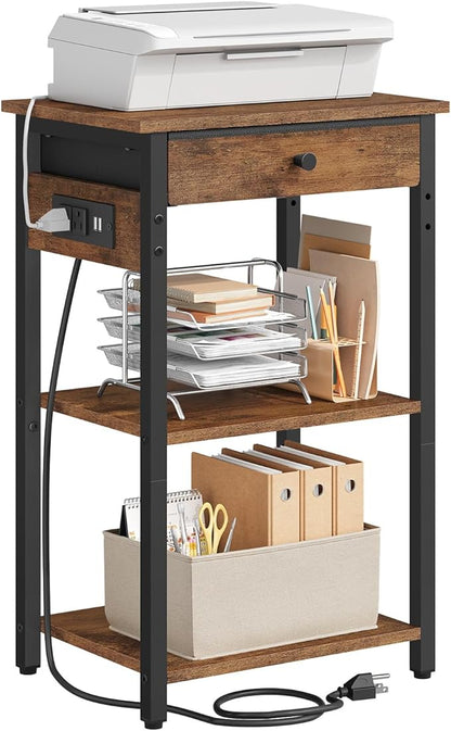 Printer Stand with Charging Station, 3-Tier Under Desk Printer Table, End Table with Storage Shelves for Home Office, Living Room,Bedroom,Bathroom,Brown