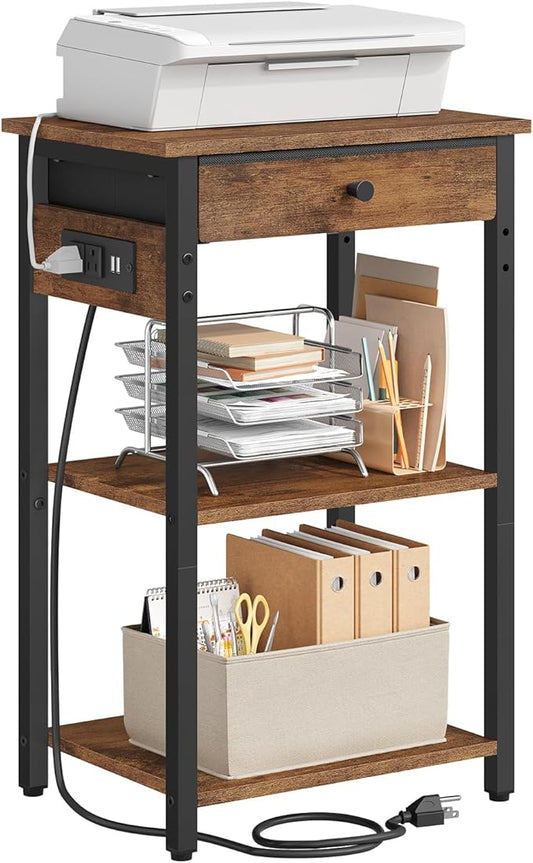 Printer Stand with Charging Station, 3-Tier Under Desk Printer Table, End Table with Storage Shelves for Home Office, Living Room,Bedroom,Bathroom,Brown