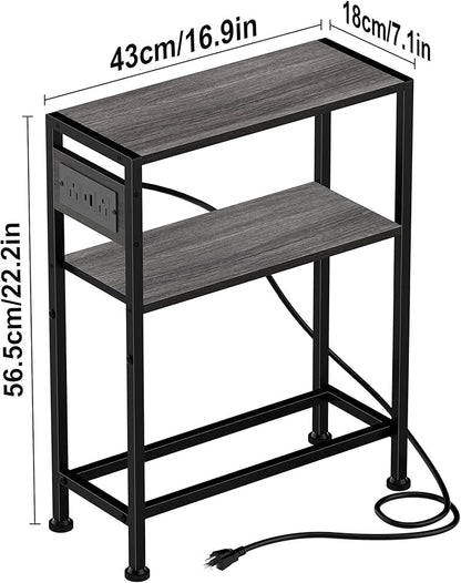 Small Narrow Side Table with Charging Station, Skinny End Table for Small Spaces, Slim Nightstand with Outlets, Sofa Bedside Table in Living Room, Bedroom, Study, Kitchen and Balcony(Grey)