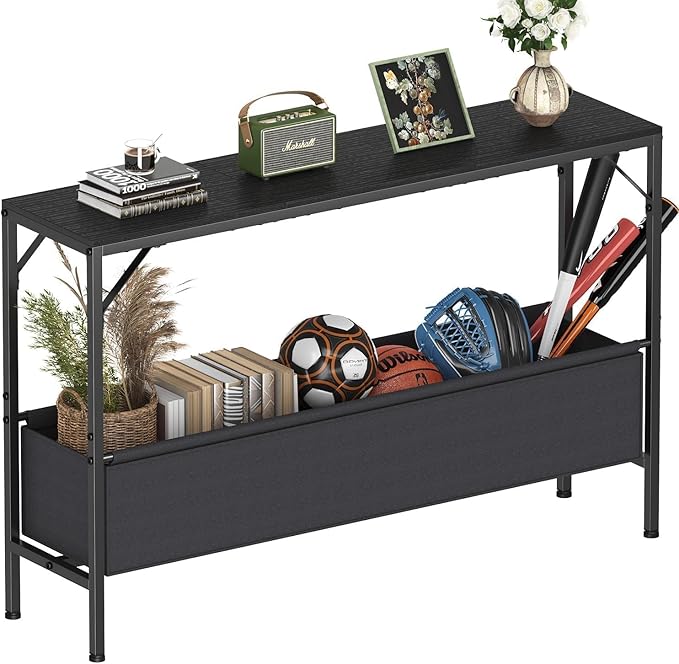 47.2'' Console Table, 9.5" D Entryway Table with Storage Basket, Narrow Sofa Table, Behind Couch Table for Hallway, Foyer, Corridor, Living Room, Black