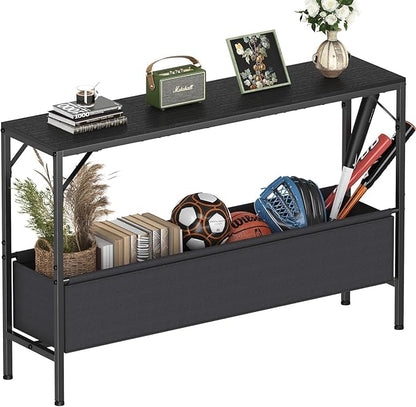 47.2'' Console Table, 9.5" D Entryway Table with Storage Basket, Narrow Sofa Table, Behind Couch Table for Hallway, Foyer, Corridor, Living Room, Black
