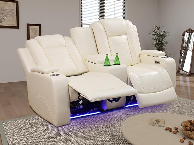 Breathing Leather Power Sectional Reclining Loveseat, Living Room Furniture Sets, Creamy White Reclining Loveseat with 2 Recliner Seats/Cup Holders/Storage Console for Living Room, Office