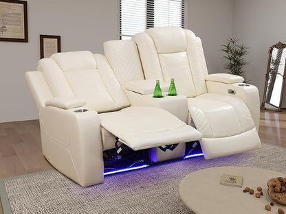 Breathing Leather Power Sectional Reclining Loveseat, Living Room Furniture Sets, Creamy White Reclining Loveseat with 2 Recliner Seats/Cup Holders/Storage Console for Living Room, Office