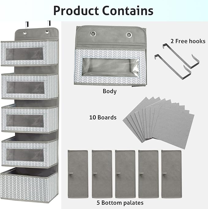 Over The Door Hanging Organizer with 5 Large Pockets - Wall Mount Pantry Storage with Clear PVC Window & 2 Big Metal Hooks for Closet,Bathroom,Nursery,Bedroom,Dorm,Baby Diapers,Kids Toys (Gray)