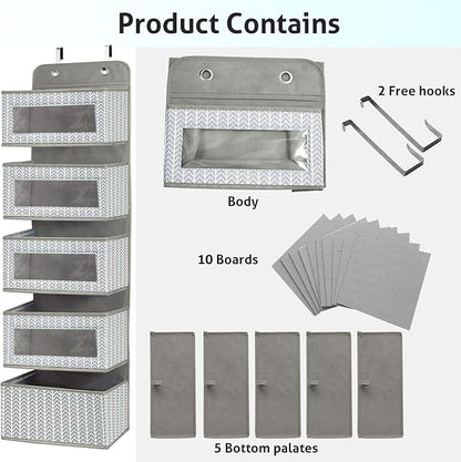 Over The Door Hanging Organizer with 5 Large Pockets - Wall Mount Pantry Storage with Clear PVC Window & 2 Big Metal Hooks for Closet,Bathroom,Nursery,Bedroom,Dorm,Baby Diapers,Kids Toys (Gray)