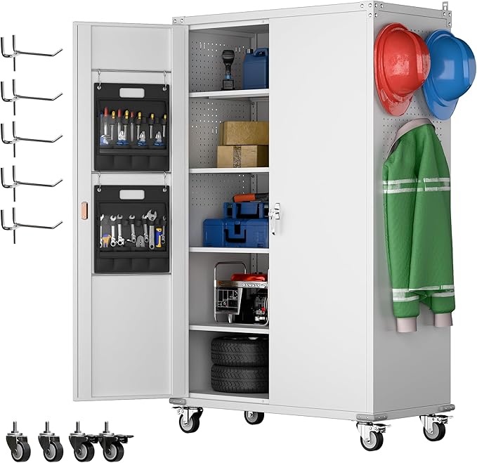 Extra Deep & Wide Metal Garage Storage Cabinet with Wheels, Magnetic Doors & Pegboard, 72" Tall Rolling Tool Organizer with 2 Tool Pouches & 4 Adjustable Shelves, Black, 43.3''W x 22''D x 72''H