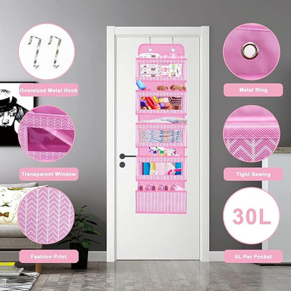 VERONLY Over The Door Hanging Organizer with 5 Large Pockets - Wall Mount Pantry Storage with 2 Big Metal Hooks for Baby Girl’s Diapers Closet, Bathroom, Nursery, Bedroom, Dorm, Baby, Kids Toys (Pink)