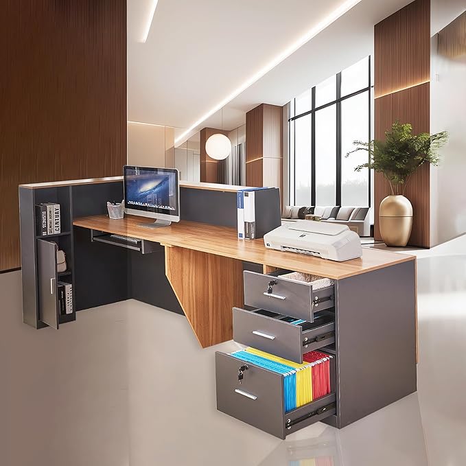 L Shaped Reception Desk with Lockable Drawers and Adjustable Filling Cabinet,Modern Front Desk Reception Counter with Keyboard Tray and Storage Cabinet for Checkout,Lobby,Beauty Salon