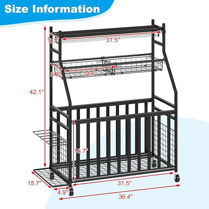 Garage Sports Equipment Organizer,Sports Ball Organizer with Wheels,Basket,Ball Organizer with Baseball Bat Rack and HooksToy Storage Rolling Cart-Black