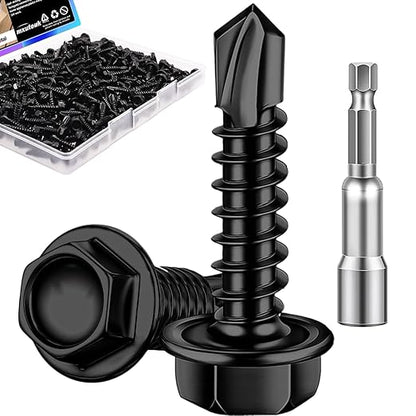 mxuteuk #8×3/4" Self Tapping Screws,410 Stainless Steel Self Tapping Screws for Metal,Self Drilling Screws,Hex Washer Head Screws Suitable for Wood, Metal or Tough Materials (180PCS)
