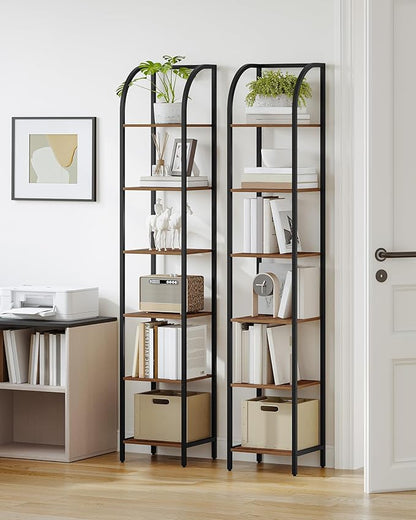 Bookshelf Narrow Bookcase, Tall Storage Rack with Steel Frame, Display Standing Shelf Unit, Skinny Book Shelf for Study Living Room Home Office, Industrial Style, 6-Tier Rustic Brown BC56001B