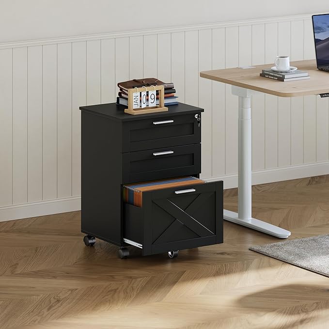 GarveeHome 3-Drawer File Cabinet with Lock, Mobile Under Desk Filing Cabinet for Home Office, Wood Storage Organizer for Letter/a4/Legal Size Documents, Black