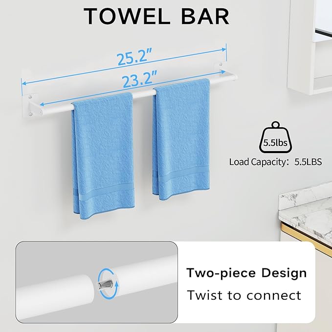 Bathroom Accessories Set, 4 Pieces White Bathroom Hardware Set, 24 inch Towel Bar, Towel Racks for Bathroom, Robe Towel Hooks, Toilet Paper Holder Wall Mounted