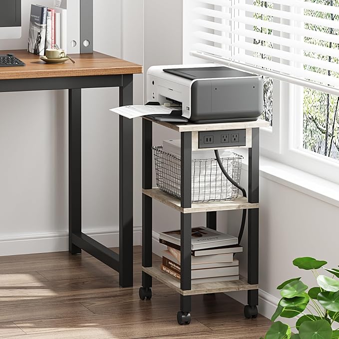 TUTOTAK 3 Tier Printer Stand, Rolling Printer Cart with Power Outlets and USB Ports, Mobile Printer Table with Wheels, for Under Desk, Office, Home, Greige PS02BG001