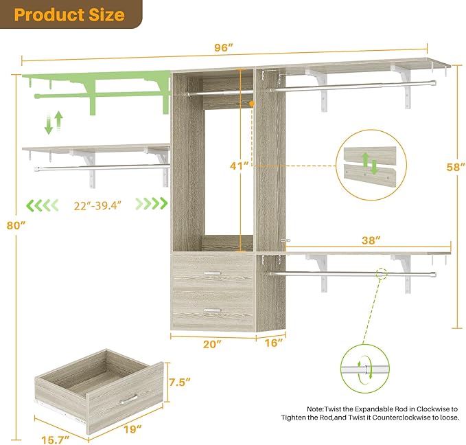 Cyclysio 8 FT Hanging Closet Organizer System, 96 Inch Closet System with Drawers, Walk in Closet System with 4 Adjustable Rods and 3 Shelving Towers for 4-8FT Spaces(Cut-to-Fit), Oak