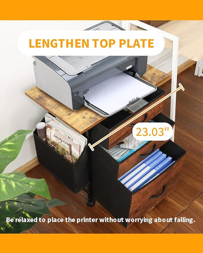 KATHY&BOB Printer Stand with 3 Fabric Drawer, Mobile File Cabinet for Home Office with Storage Bag, Rolling Under Desk Organizer Shelf, Fits A4 or Letter Size, Complete Top Plate Fast Assembly
