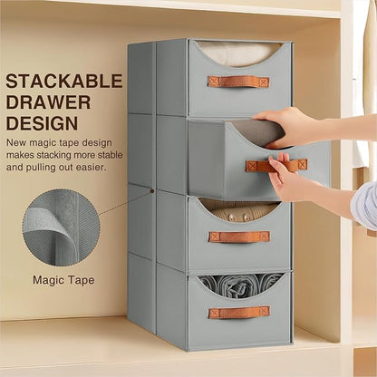 Stackable Storage Drawers - Collapsible Storage Bins with Drawers, 8 Pack Closet Shelf Organizer Basket, Fabric Pull Out Organizer for Bedroom, Living Room, Dorm, Grey