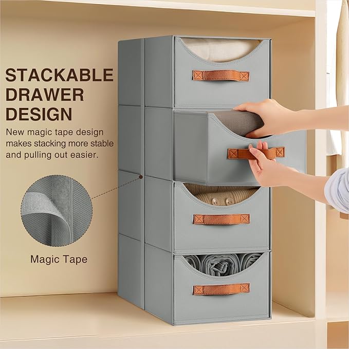 Stackable Storage Drawers - Collapsible Storage Bins with Drawers, 4 Pack Closet Shelf Organizer Basket, Fabric Pull Out Organizer for Bedroom, Living Room, Dorm, Grey