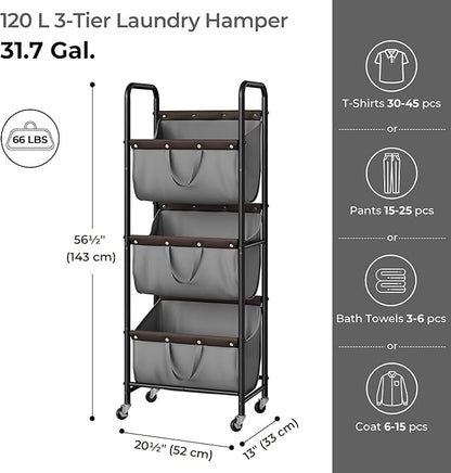 GRANNY SAYS 3 Tier Laundry Sorter, Laundry Hamper with Wheels, Laundry Room Organization and Storage, 3 Section Rolling Laundry Cart for Dorm, Bathroom, Bedroom, Closet, Grey