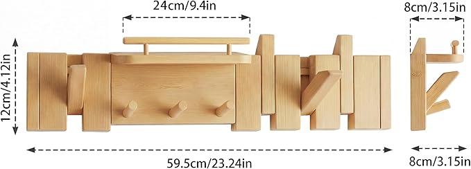 Mid Century Modern Walnut Foldable Entryway Wall Coat Hanger Hook with Shelf,Heavy Duty Wooden Piano Hidden Towel Hooks for Bathroom,Wall Rack for Purse&Key&Mail,Home Decor (Natural, 7 Hooks)