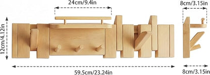 Mid Century Modern Walnut Foldable Entryway Wall Coat Hanger Hook with Shelf,Heavy Duty Wooden Piano Hidden Towel Hooks for Bathroom,Wall Rack for Purse&Key&Mail,Home Decor (Natural, 7 Hooks)